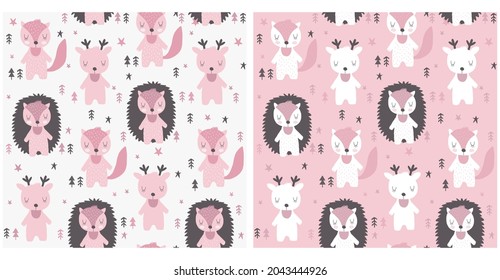 Lovely Scandinavian Style Seamless Vector Pattern ideal for Fabric. Cute Hand Drawn Baby Fox, Deer and Hedgehog on a White and Pink Background. Funny Print with Sweet Little Animals in Winter Forest.