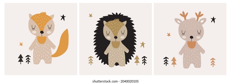 Lovely Scandinavian Style Vector Illustration ideal for Card, Wall Art, Poster. Cute Hand Drawn Baby Fox, Deer and Hedgehog on a Beige Background. Funny Print with Sweet Little Forest Animals. 