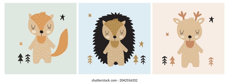Lovely Scandinavian Style Vector Illustration ideal for Card,Wall Art,Poster. Cute Hand Drawn Baby Fox, Deer and Hedgehog on a Beige, Blue and Green Background. Funny Print with Sweet Little Animals. 