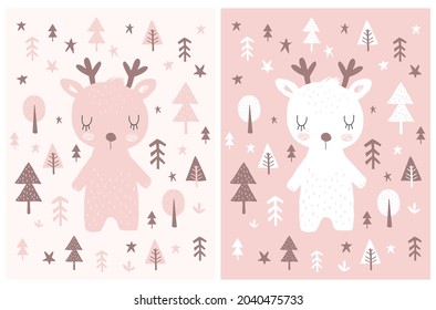 Lovely Scandinavian Style Vector Nursery Art ideal for Card, Wall Art,Kids Room Decoration. Cute Hand Drawn Baby Elk, Stars and Moon on a White and Pink Background. Funny Baby Deer in Winter Forest.