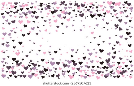 Lovely scattered hearts in pink, purple, and black against a white background.  Perfect for Valentine's Day, wedding, or romantic designs; ideal for web banners, cards, and social media.