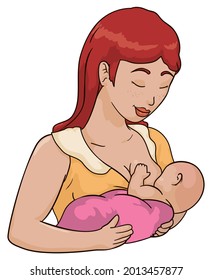 Encantadora escena con una madre de cabello rojo con pecas en la cara, amamantando a su bebé con amor y cuidado.