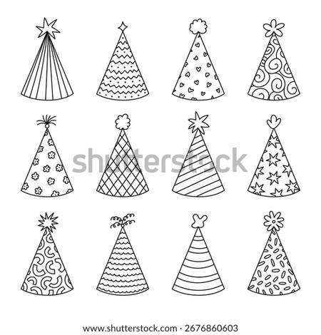 Lovely scribble birthday party hat set with childish decoration, flower, star pompon above. Hand drawn outline paper cone doodle for festival, circus. New Year cap collection isolated on background.