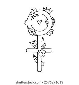 Lovely scribble gender women symbol in spring flowers and leaves for International Womens Day. Cute hand drawn feminine sign for advertisement, media, flyer to celebrate women solidarity and freedom.