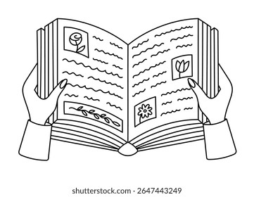 Lovely scribble open book in women hands with paragraphs, pictures. Cute hand drawn academic book, botanical encyclopedia. Back to school supply isolated on white. Doodle of reading, kids studying.