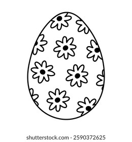 Lovely scribble painted egg with chamomile flower ornament for Easter egg hunt. Trendy hand drawn clipart for celebrating religious springtime holiday. Outline doodle isolated on white background.