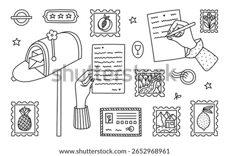 Lovely scribble postal and mail set with residential postbox, women writing a letter, postage stamps with peach and river picture. Cute hand drawn postage doodle isolated on white background