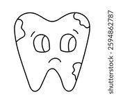 Lovely scribble tooth with caries and sad emotion. Ill tooth with unhappy face from disease and bad hygiene. Stomatology and tooth decay concept for infographic about importance of kids dental care