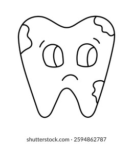 Lovely scribble tooth with caries and sad emotion. Ill tooth with unhappy face from disease and bad hygiene. Stomatology and tooth decay concept for infographic about importance of kids dental care