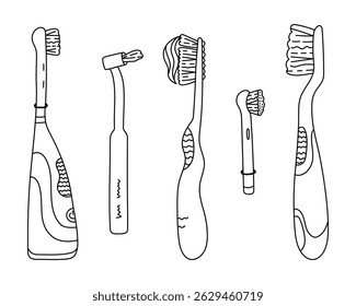 Lovely scribble toothbrushes set different colors and size. Manual, electric, for cleaning braces, removable nozzle of tooth brush. Hand drawn dental and oral hygiene line doodle isolated on white.