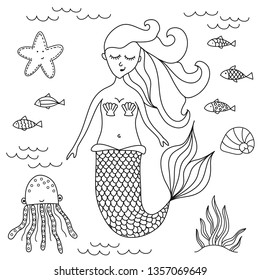Lovely sealife coloring with mermaid - funny hand drawn doodle, seamless pattern. Lettering poster or t-shirt textile graphic design. / wallpaper, wrapping paper, background.