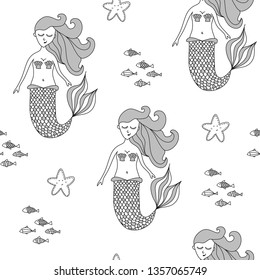 Lovely sealife texture with mermaid - funny hand drawn doodle, seamless pattern. Lettering poster or t-shirt textile graphic design. / wallpaper, wrapping paper, background.
