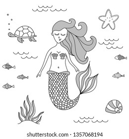 Lovely sealife texture with mermaid - funny hand drawn doodle, seamless pattern. Lettering poster or t-shirt textile graphic design. / wallpaper, wrapping paper, background.