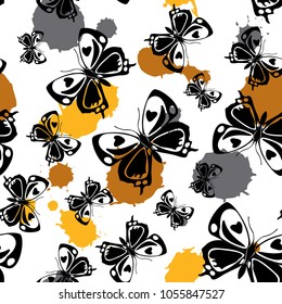 Lovely seamless butterfly cloth pattern with orange, yellow and grey blotter on white. Nature butterfly linen theme vector. Repeating insect fabric clipart for advert.