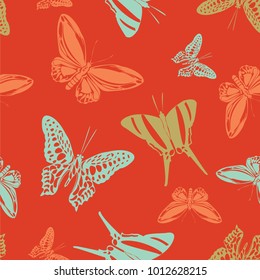 Lovely seamless butterfly engraving background isolated on contrast back layer. Spring butterfly etching theme vector. Insect silhouette artwork for advertising.