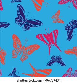 Lovely seamless butterfly engraving template isolated on contrast back layer. Wildlife butterfly etching theme vector. Insect silhouette clipart for cover.