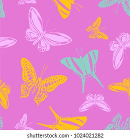 Lovely seamless butterfly engraving texture isolated on contrast back layer. Season butterfly etching theme vector. Insect silhouette clipart for marketing purpouses.