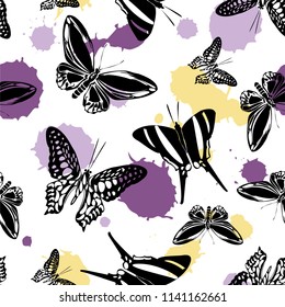 Lovely seamless butterfly kite template with blotter on white. Season butterfly hover theme vector. Repeating insect soar artwork for cover.
