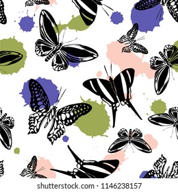 Lovely seamless butterfly kite template with blotter on white. Nature butterfly hover theme vector. Repeating insect soar backdrop for interior.