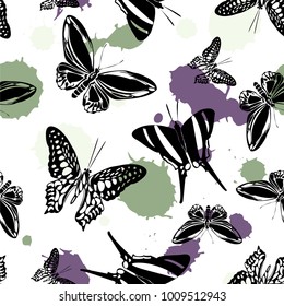 Lovely seamless butterfly kite texture with green and purple blotter on white.  Nature butterfly hover theme vector. Repeating insect soar clipart for marketing purposes.