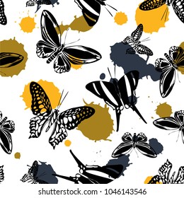 Lovely seamless butterfly kite texture with orange, dark grey and mustard brown blotter on white. Spring butterfly hover theme vector. Repeating insect soar artwork for marketing purposes.