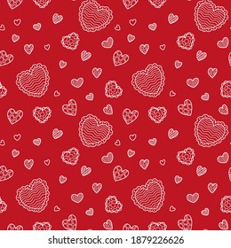 Lovely seamless doodle vector pattern on red background made of sketch illustration of hearts with line texture for wedding or valentines package, invitation, decoration, postcard, graphics, wallpaper