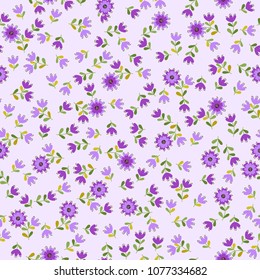 Lovely seamless floral pattern with bright colorful small flowers. Folk style millefleurs. Plant background for textile, wallpaper, pattern fills, covers, surface, print, wrap, scrapbooking, decoupage