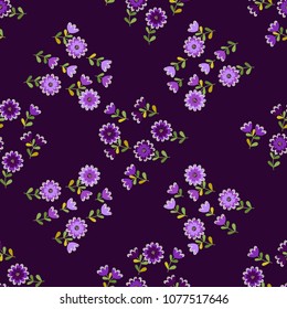 Lovely seamless floral pattern with bright colorful small flowers. Folk style millefleurs. Plant background for textile, wallpaper, pattern fills, covers, surface, print, wrap, scrapbooking, decoupage
