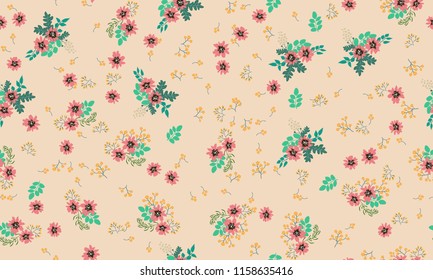 Lovely seamless floral pattern with bright colorful small flowers. Folk style millefleurs. Plant background for textile, wallpaper, covers. Bright template for fashion prints.