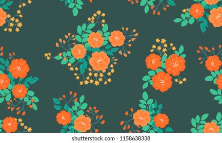 Lovely seamless floral pattern with bright colorful small flowers. Folk style millefleurs. Plant background for textile, wallpaper, covers. Bright template for fashion prints.