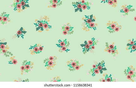 Lovely seamless floral pattern with bright colorful small flowers. Folk style millefleurs. Plant background for textile, wallpaper, covers. Bright template for fashion prints.