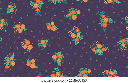 Lovely seamless floral pattern with bright colorful small flowers. Folk style millefleurs. Plant background for textile, wallpaper, covers. Bright template for fashion prints.