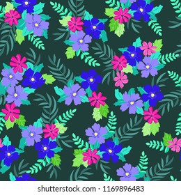 Lovely seamless floral pattern with bright colorful small flowers. Folk style millefleurs. Plant background for textile, wallpaper, covers, surface, print, wrap, scrapbooking, decoupage.