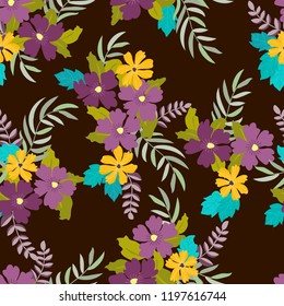 Lovely seamless floral pattern with bright colorful small flowers. Folk style millefleurs. Plant background for textile, wallpaper, covers, surface, print, wrap, scrapbooking, decoupage. 
