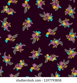 Lovely seamless floral pattern with bright colorful small flowers. Folk style millefleurs. Plant background for textile, wallpaper, covers, surface, print, wrap, scrapbooking, decoupage. 