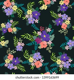 Lovely seamless floral pattern with bright colorful flowers. Folk style millefleurs. Plant background for textile, wallpaper, covers, surface, print, wrap, scrapbooking, decoupage. 