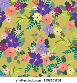 Lovely seamless floral pattern with bright colorful flowers. Folk style millefleurs. Plant background for textile, wallpaper, covers, surface, print, wrap, scrapbooking, decoupage. 