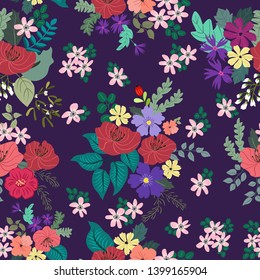 Lovely seamless floral pattern with bright colorful flowers. Folk style millefleurs. Plant background for textile, wallpaper, covers, surface, print, wrap, scrapbooking, decoupage. 