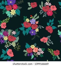 Lovely seamless floral pattern with bright colorful flowers. Folk style millefleurs. Plant background for textile, wallpaper, covers, surface, print, wrap, scrapbooking, decoupage. 