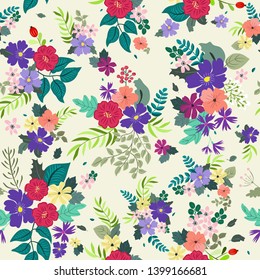 Lovely seamless floral pattern with bright colorful flowers. Folk style millefleurs. Plant background for textile, wallpaper, covers, surface, print, wrap, scrapbooking, decoupage. 