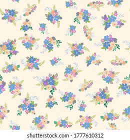 Lovely seamless floral pattern with bright colorful small flowers. Folk style millefleurs. Plant background for textile, wallpaper, covers, surface, print, wrap, scrapbooking, decoupage. 