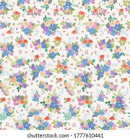 Lovely seamless floral pattern with bright colorful small flowers. Folk style millefleurs. Plant background for textile, wallpaper, covers, surface, print, wrap, scrapbooking, decoupage. 