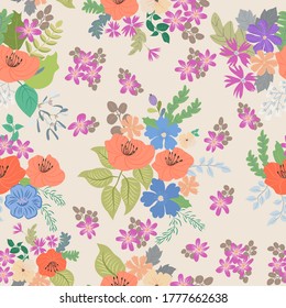 Lovely seamless floral pattern with bright colorful small flowers. Folk style millefleurs. Plant background for textile, wallpaper, covers, surface, print, wrap, scrapbooking, decoupage. 