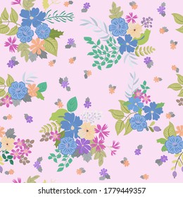 Lovely seamless floral pattern with bright colorful small flowers. Folk style millefleurs. Plant background for textile, wallpaper, covers, surface, print, wrap, scrapbooking, decoupage. 