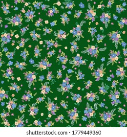 Lovely seamless floral pattern with bright colorful small flowers. Folk style millefleurs. Plant background for textile, wallpaper, covers, surface, print, wrap, scrapbooking, decoupage. 