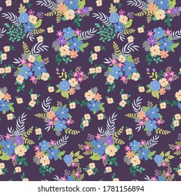 Bonito patrón floral sin fisuras con flores pequeñas de colores vivos. Millefleurs al estilo popular. Fondo de planta para textiles, papel pintado, cubiertas, superficie, impresión, envoltura, scrapbooking, desacoplamiento. 