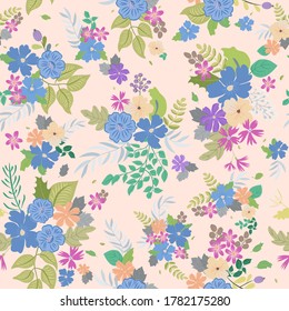 Lovely seamless floral pattern with bright colorful small flowers. Folk style millefleurs. Plant background for textile, wallpaper, covers, surface, print, wrap, scrapbooking, decoupage. 