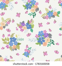 Bonito patrón floral sin fisuras con flores pequeñas de colores vivos. Millefleurs al estilo popular. Fondo de planta para textiles, papel pintado, cubiertas, superficie, impresión, envoltura, scrapbooking, desacoplamiento. 