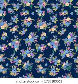 Lovely seamless floral pattern with bright colorful small flowers. Folk style millefleurs. Plant background for textile, wallpaper, covers, surface, print, wrap, scrapbooking, decoupage. 