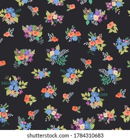 Schönes, nahtloses Blumenmuster mit hellen bunten kleinen Blumen. Mellefleurs im Folk-Stil. Pflanzenhintergrund für Textilien, Tapeten, Decken, Oberfläche, Druck, Packung, Scrapbooking, Entkopplung. 
